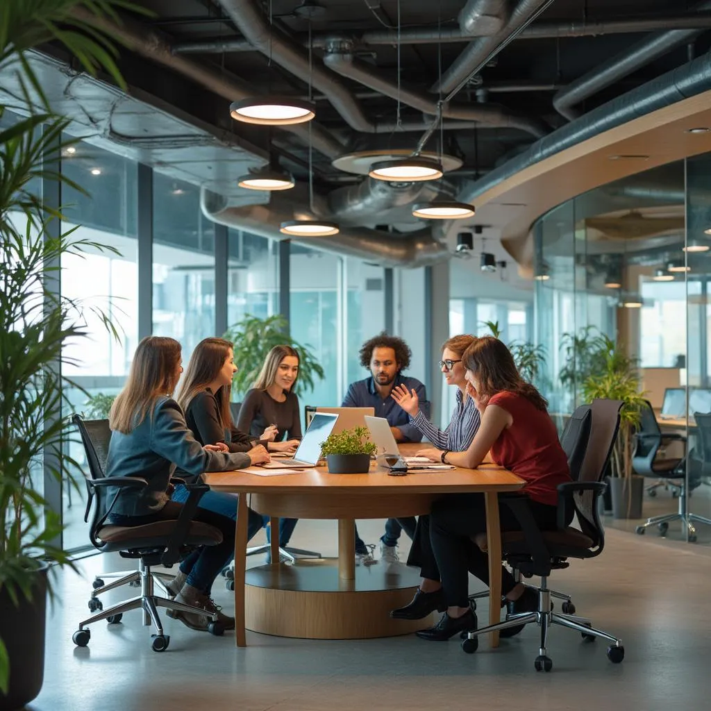 Equipo de trabajo colaborativo en oficina moderna en Colombia